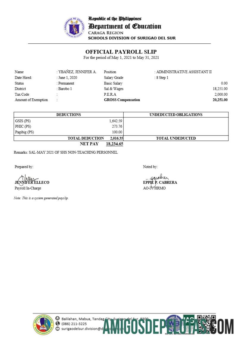 Premium Filipina Schools Division of Surigao Del Sur payroll slip templat in Word and PDF format.PDF, 1