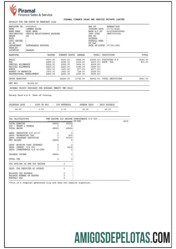 Dapat Diedit Piramal Financial Services payslip templat in Word and PDF format.PDF, 1