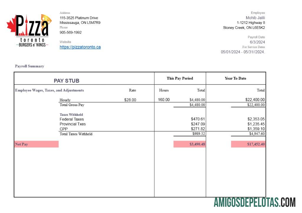 Dapat Diedit Pizza Toronto pay stub templat in Word and PDF format.PDF, 1