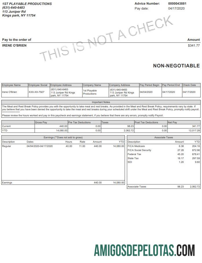 Playable Productions Paystub templat