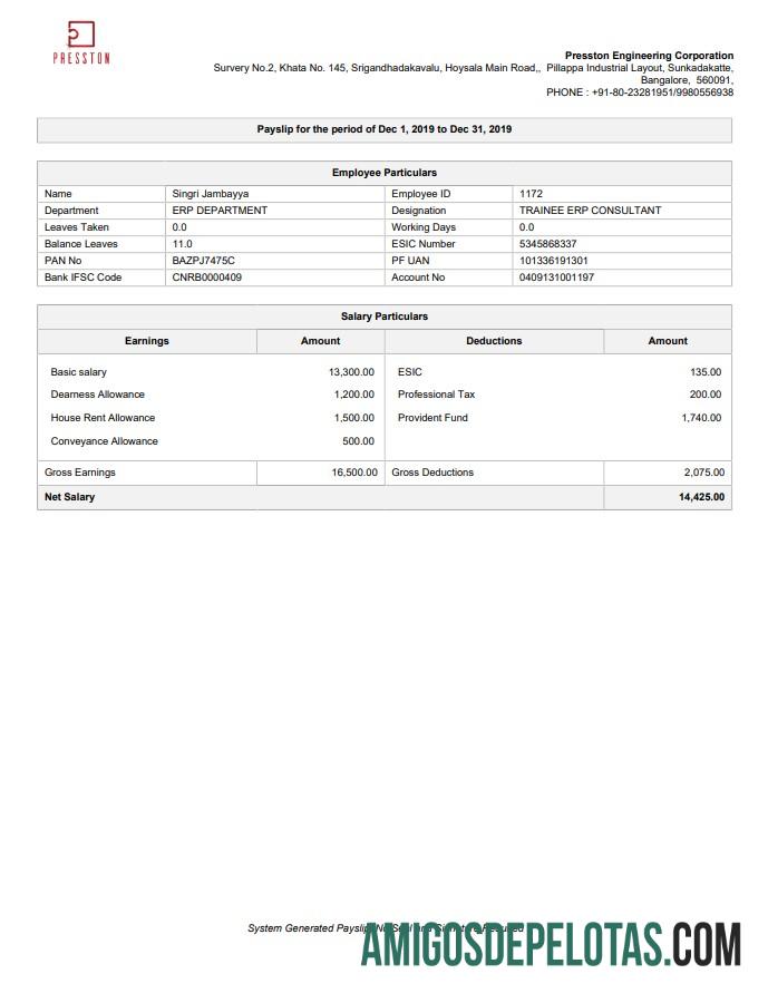 Presston teknik Corporation pay stub in PDF and Word format templat