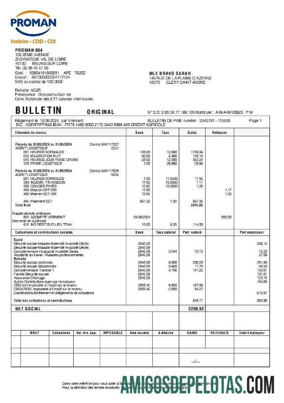 Realistis Proman recrutement payslip (in French language) templat in Word and PDF format, versi 2.PDF, 1