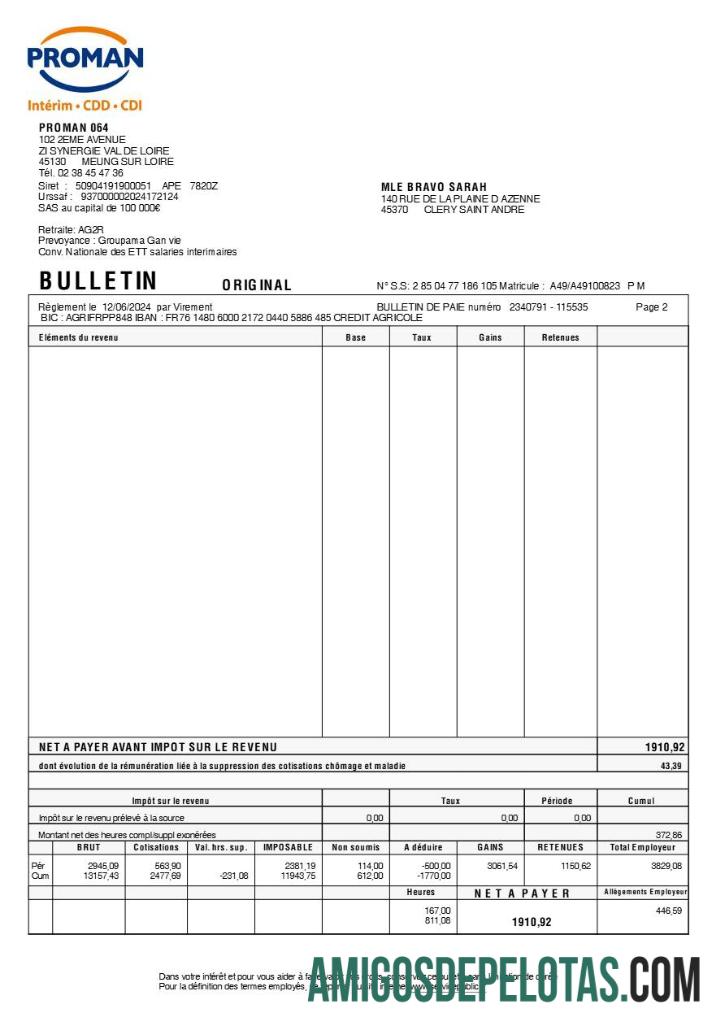 Berkualitas Proman recrutement payslip (in French language) templat in Word and PDF format, versi 2.PDF, 2