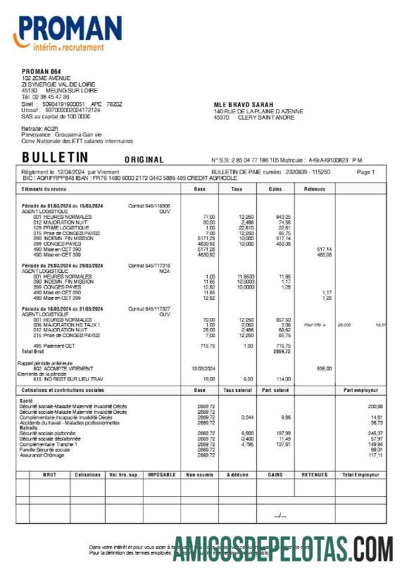 Profesional Proman recrutement payslip (in French language) templat in Word and PDF format.PDF, 1