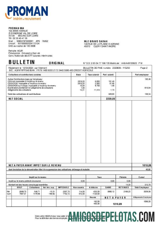 Profesional Proman recrutement payslip (in French language) templat in Word and PDF format.PDF, 2