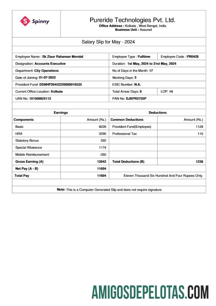 Premium Pureride Technologies salary slip templat in Word and PDF format.PDF, 1