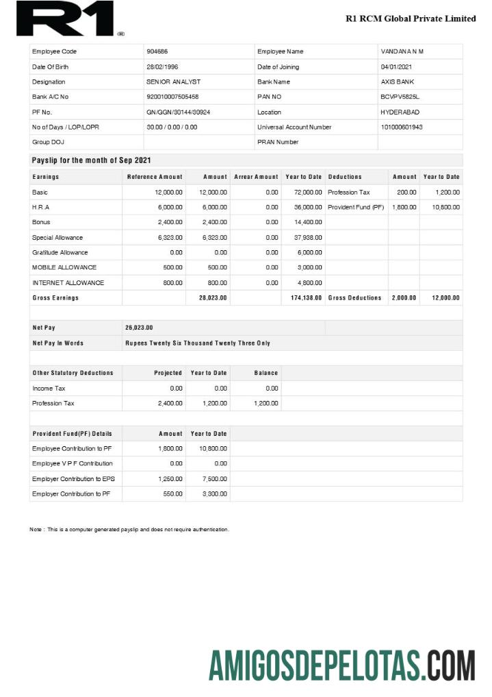 Profesional R1 RCM Global Pvt Ltd payslip templat in Word and PDF format.PDF, 1