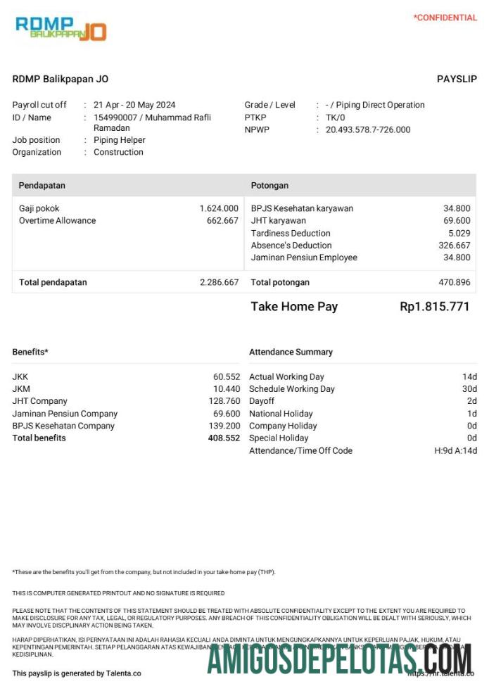 Premium RDMP Balikpapan JO construction Perusahaan payslip templat in Word and PDF format.PDF, 1