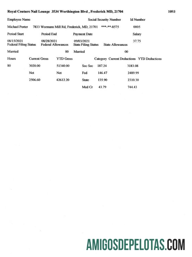 ROYAL COUTURE NAIL LOUNGE pay stub in PDF and Word format pratinjau