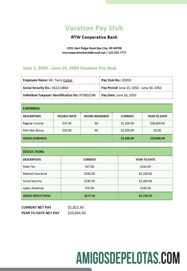 RTW Cooperative bank vacation pay stub in PDF and Word format pratinjau