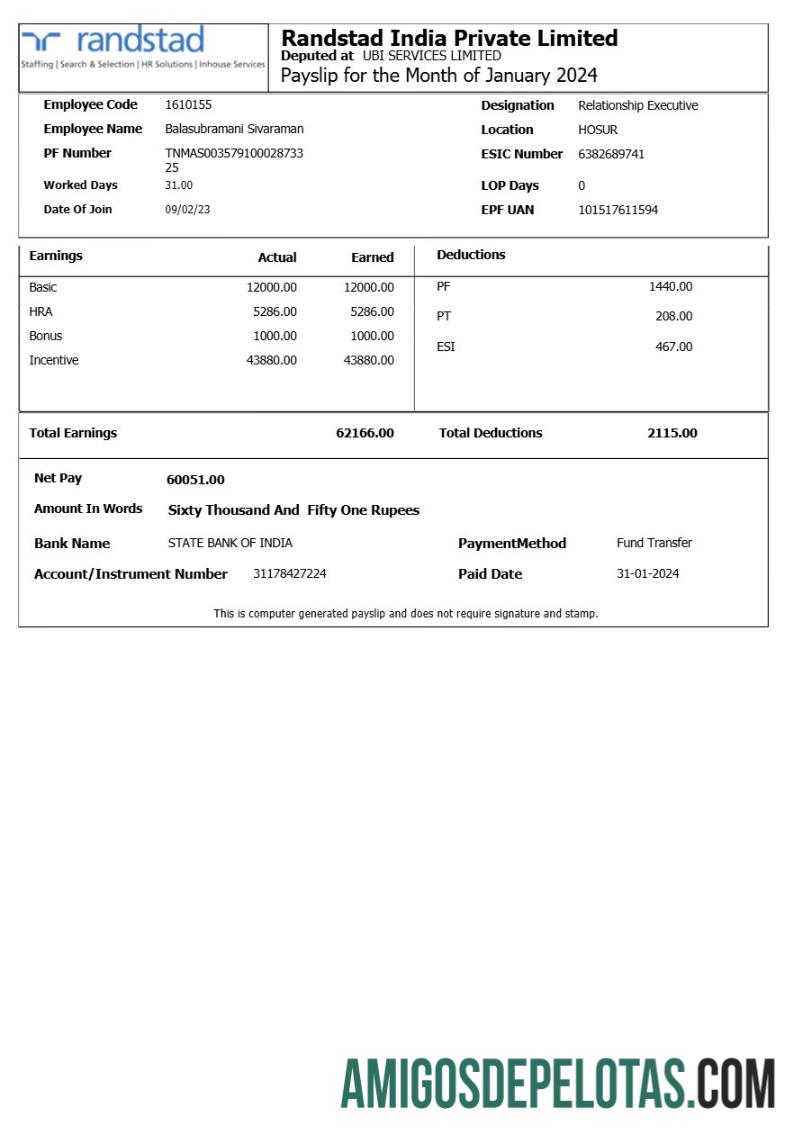 Premium Randstad India payslip templat in Word and PDF format.PDF, 1