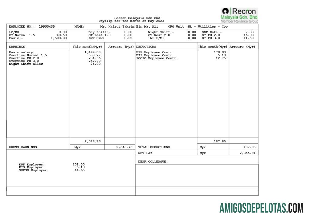 Realistis Recron Malaysia payslip templat in Word and PDF format.PDF, 1