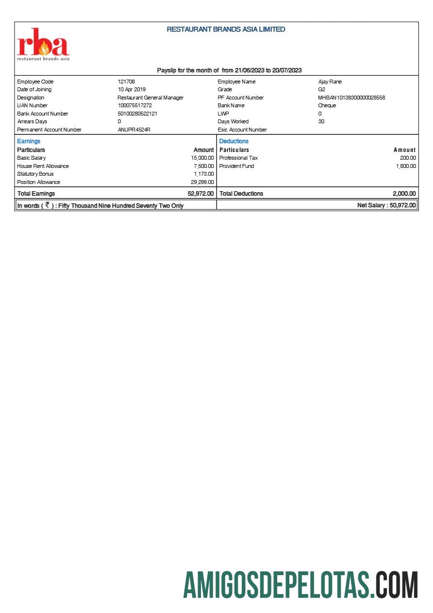 Profesional Restaurant Brands Asia payslip templat in Word and PDF format.PDF, 1