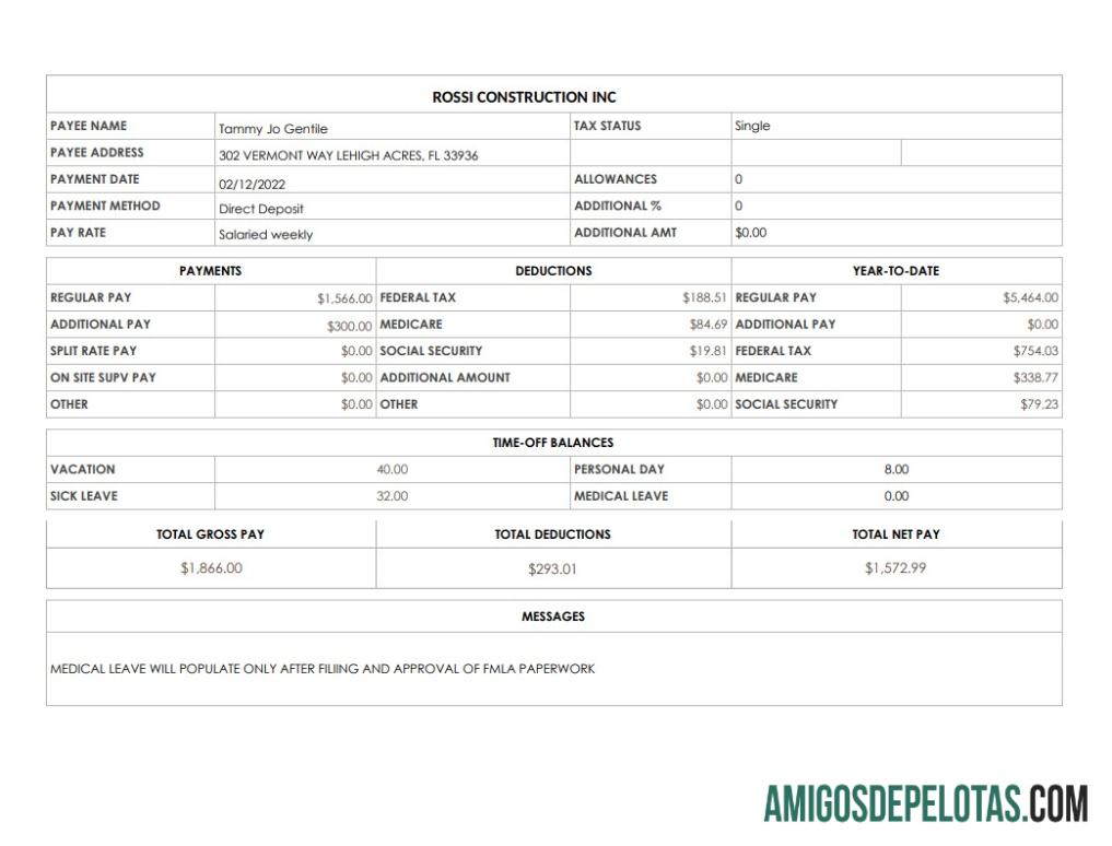 Rossi Construction Inc pay stub in PDF ad Word format desain