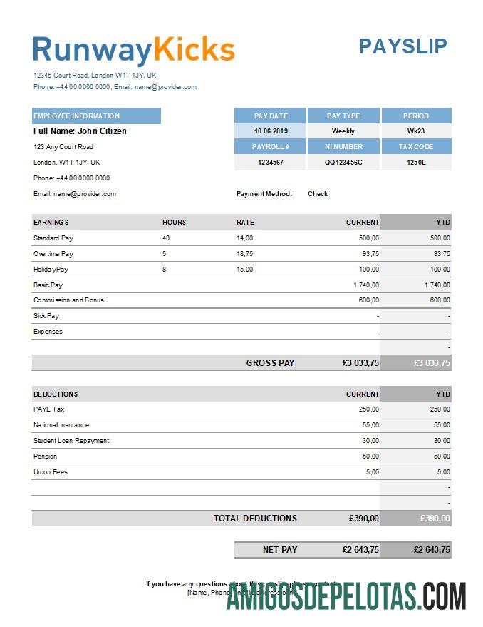 Premium Runway Kicks Perusahaan payslip templat in Excel and PDF format