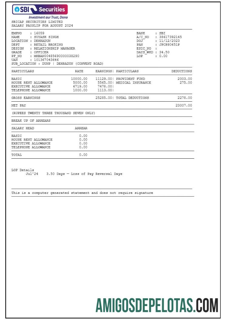 Profesional SBICAP Securities payslip templat in Word and PDF format.PDF, 1