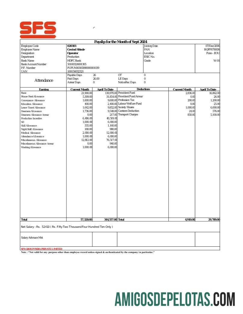 Realistis SFS Group payslip templat in Word and PDF format.PDF, 1