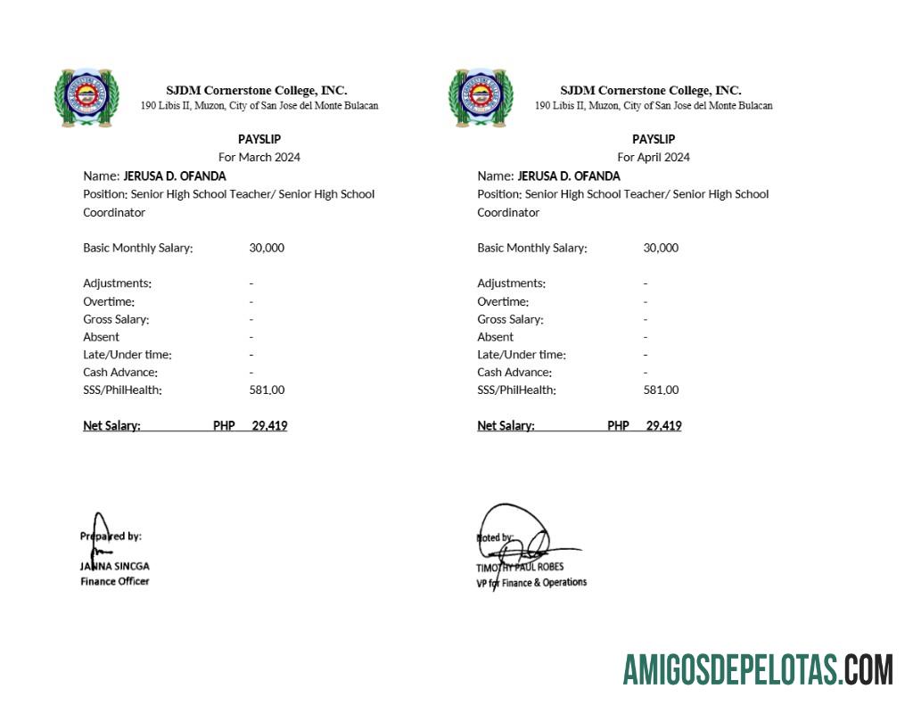Premium SJDM Cornerstone College payslip templat in Word and PDF format.PDF, 1