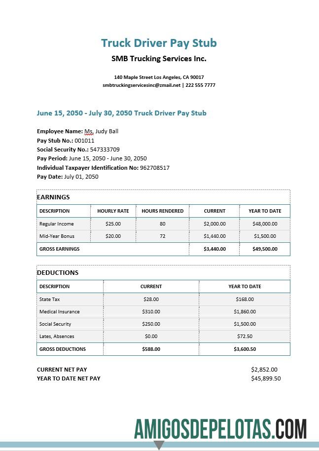 SMB trucking services Inc. pay stub in PDF and Word format makering