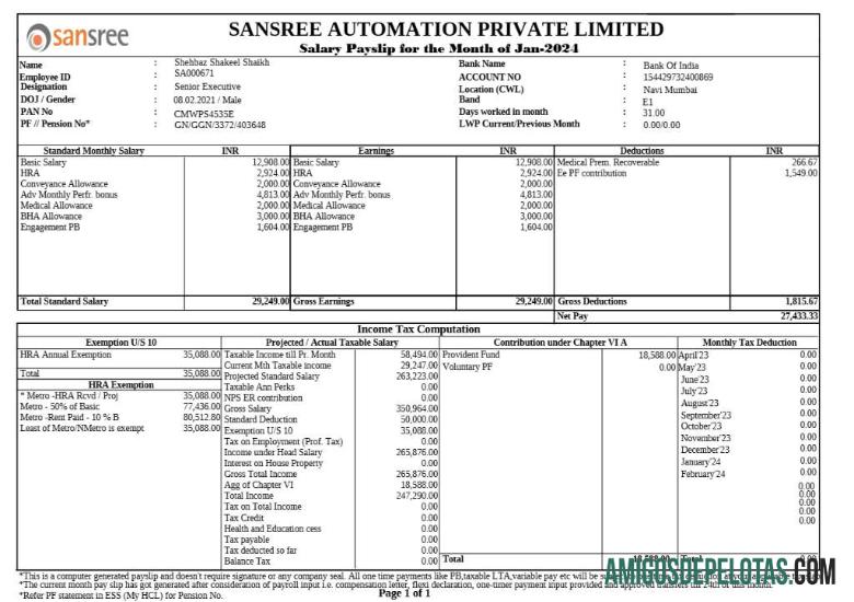 Profesional Sansree Automation payslip templat in Word and PDF format.PDF, 1