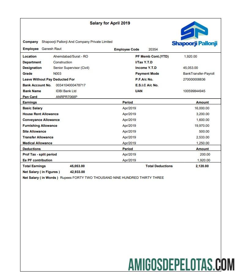 Shapoorji Pallonji employee pay stub in PDF and Word format desain