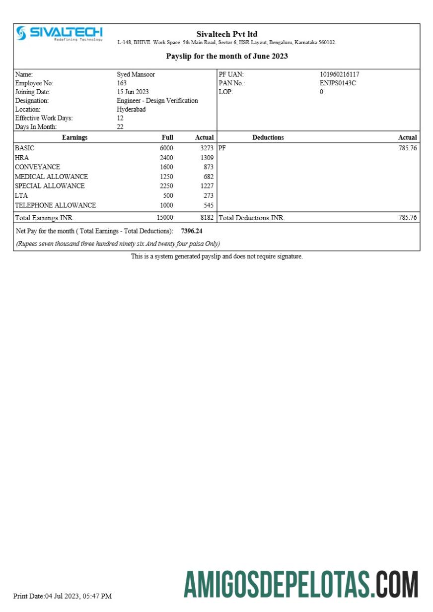 Realistis Sivaltech payslip templat in Word and PDF format.PDF, 1