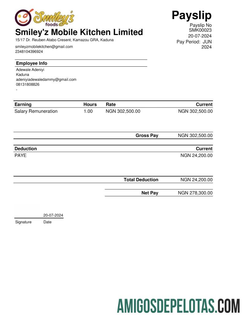 Premium Smiley'z Mobile Kitchen payslip templat in Word and PDF format.PDF, 1