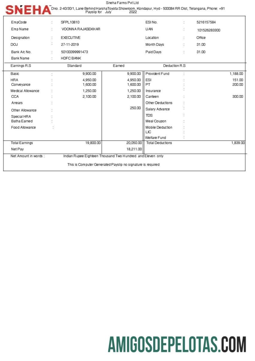 Dapat Diedit Sneha Farms payslip templat in Word and PDF format.PDF, 1