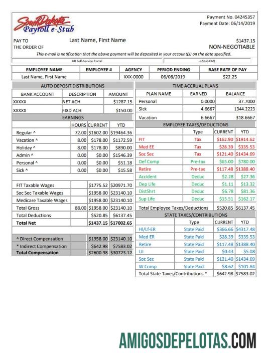 Berkualitas South Dakota payroll e stub Word and PDF templat