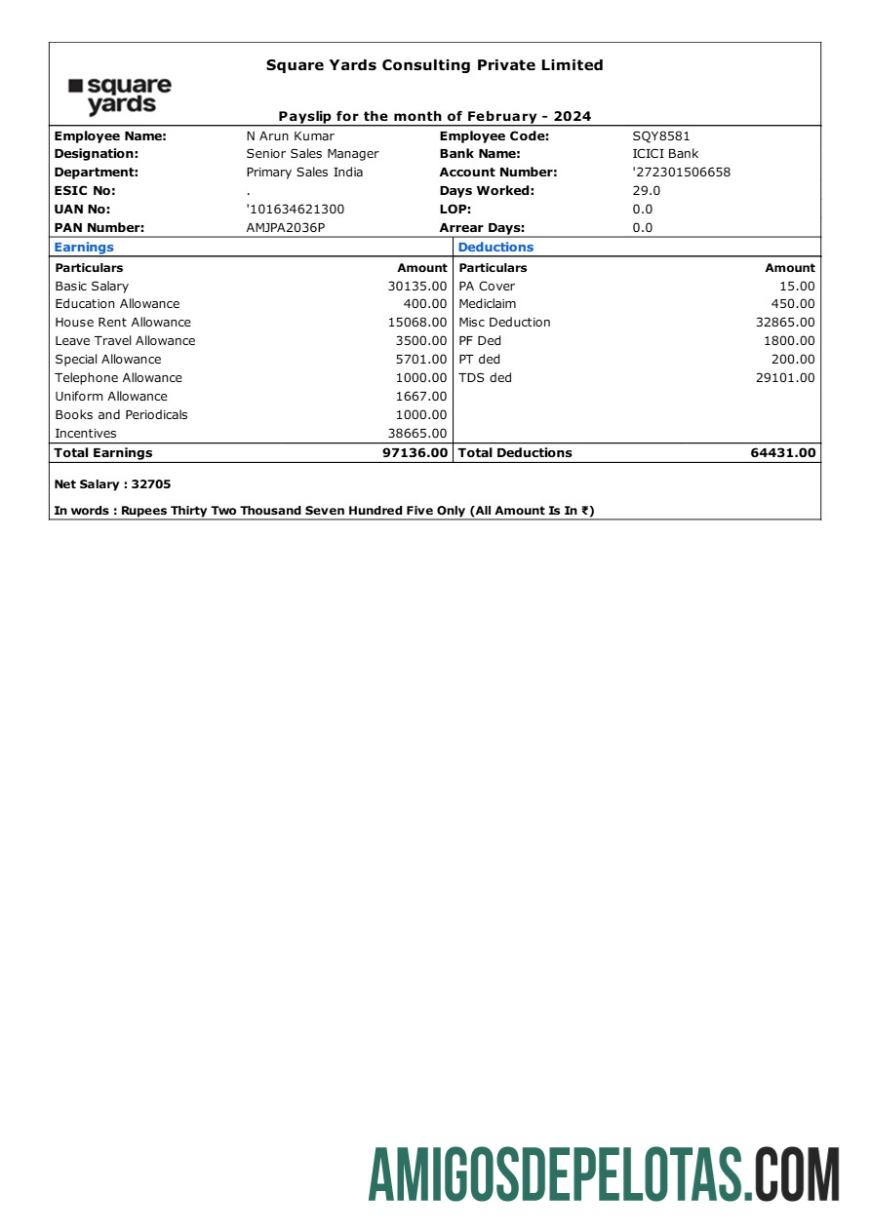 Realistis Square Yards Consulting payslip templat in Word and PDF format.PDF, 1