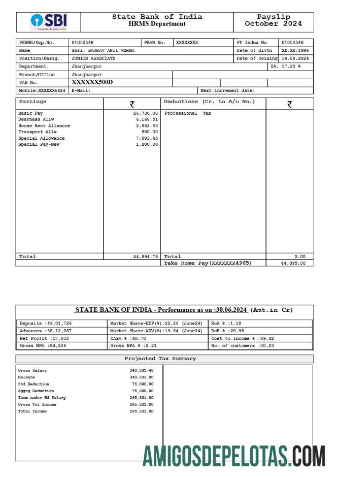 Berkualitas State bank of India payslip templat in Word and PDF format.PDF, 1
