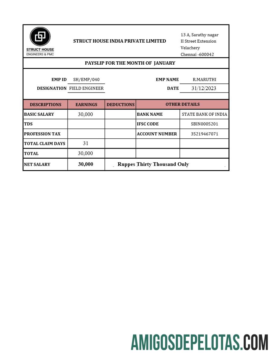 Dapat Diedit Struct House India payslip templat in Word and PDF format.PDF, 1