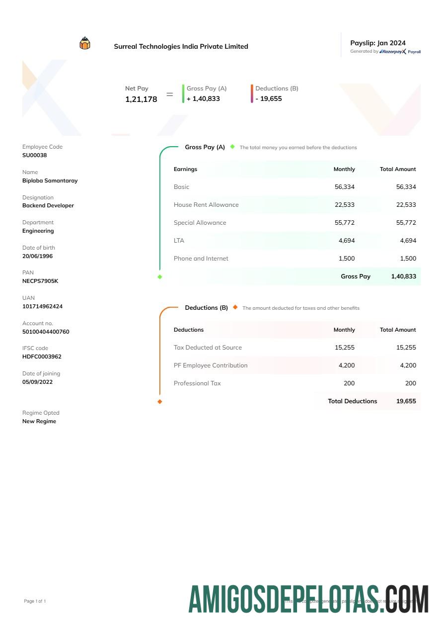 Realistis Surreal Technologies India payslip templat in Word and PDF format.PDF, 1