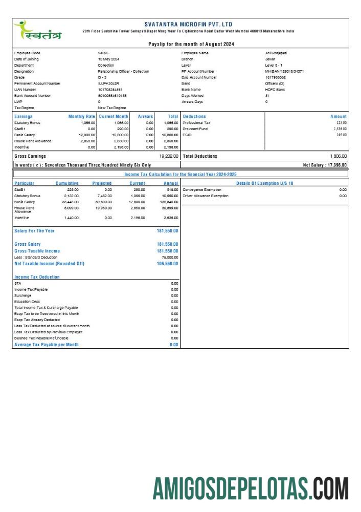 Realistis Svatantra Microfin payslip templat in Word and PDF format.PDF, 1