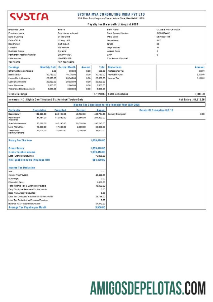Premium Systra MVA Consulting India payslip templat in Word and PDF format.PDF, 1
