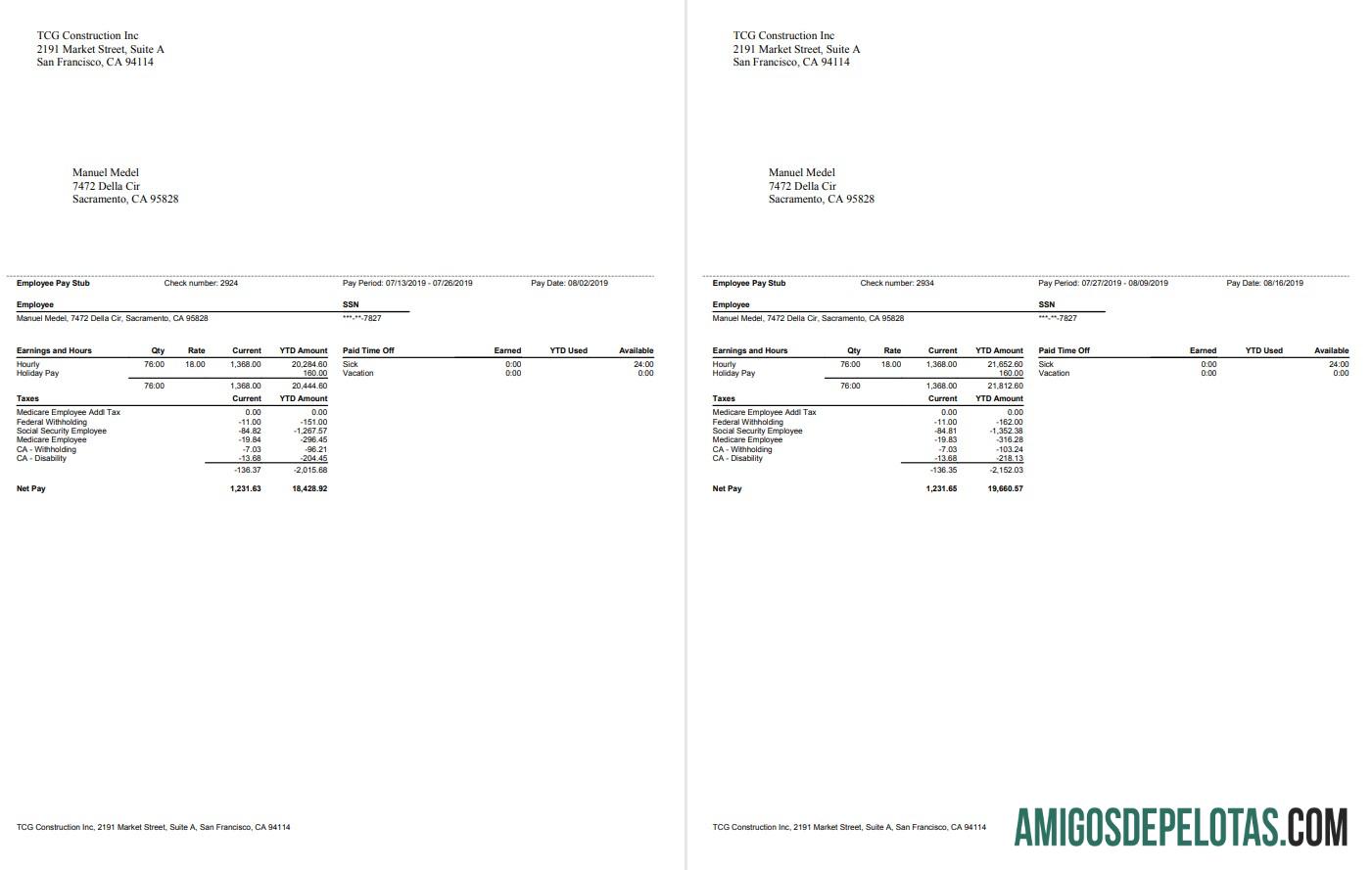 TCG Construction Inc. Employee Paystub desain