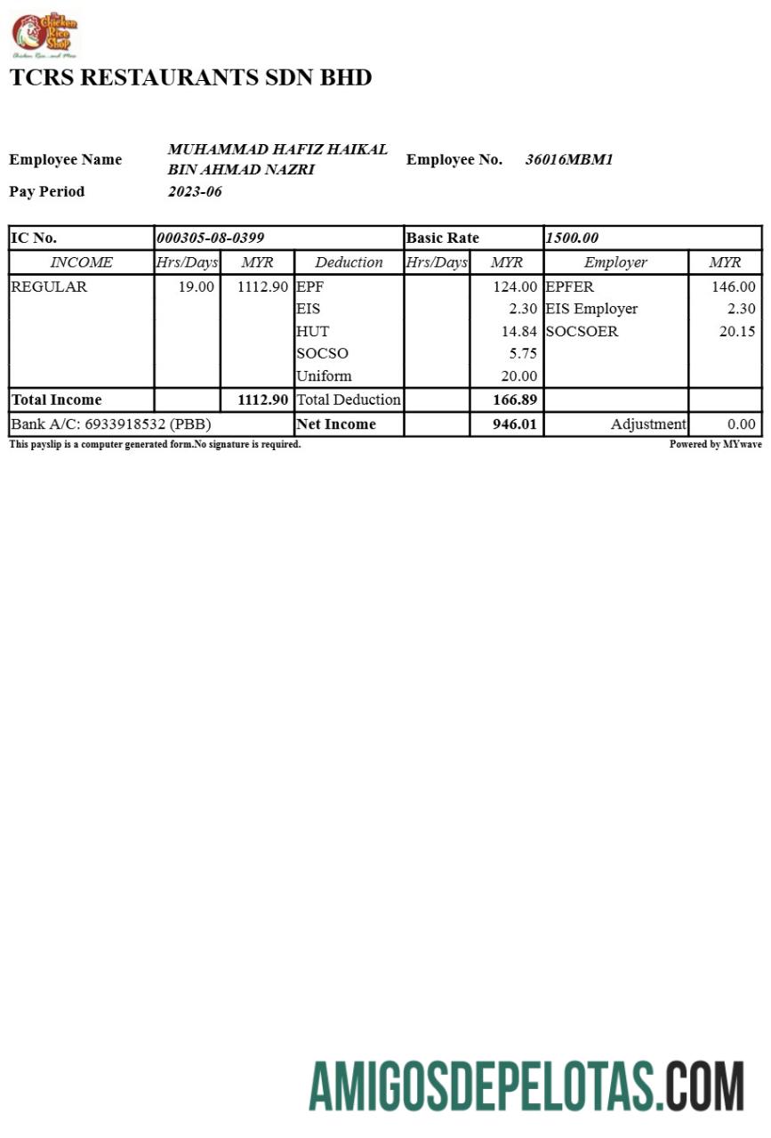 Berkualitas TCRS Restaurants payslip templat in Word and PDF format.PDF, 1