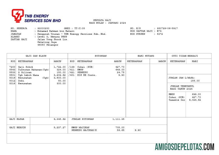 Realistis TNB Energy Services payslip templat in Word and PDF format.PDF, 1