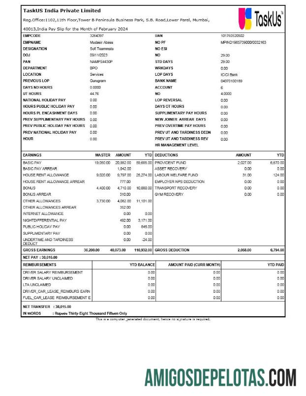 Profesional TaskUS India payslip templat in Word and PDF format.PDF, 1