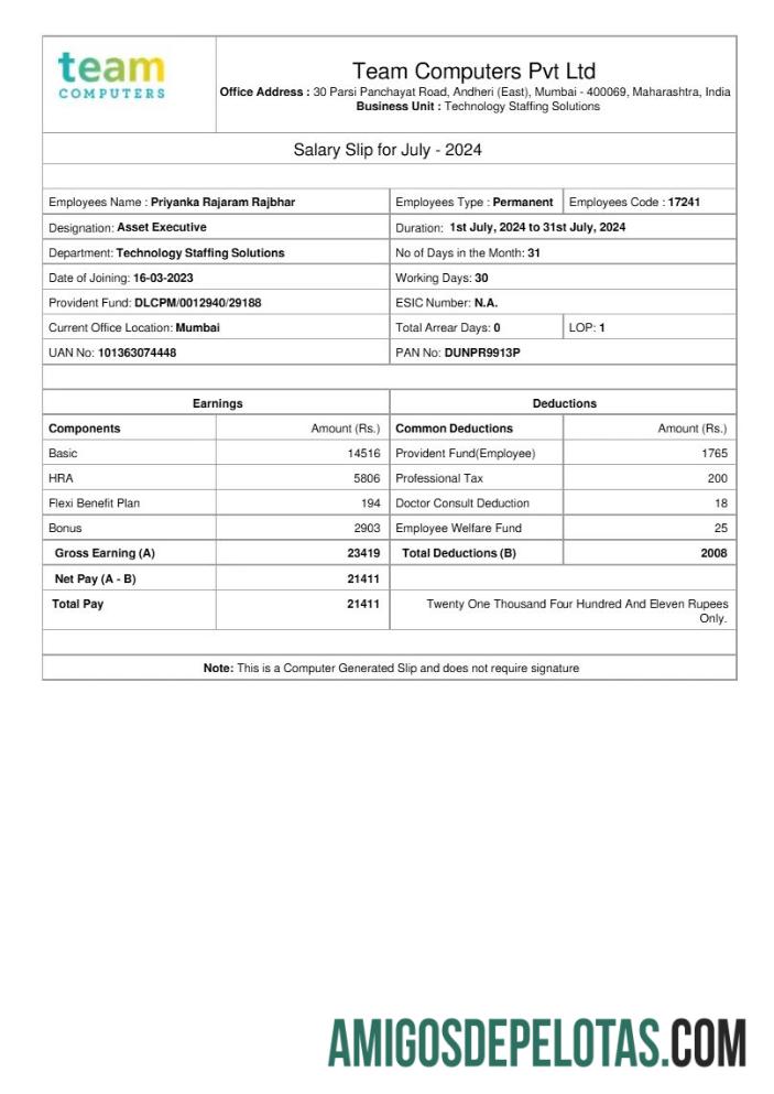 Realistis Team Computers salary slip templat in Word and PDF format.PDF, 1