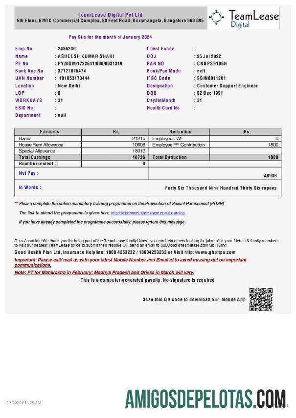 Profesional TeamLease Digital payslip templat in Word and PDF format.PDF, 1