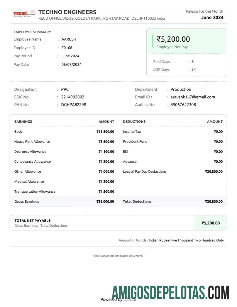 Realistis Techno Engineers payslip templat in Word and PDF format.PDF, 1