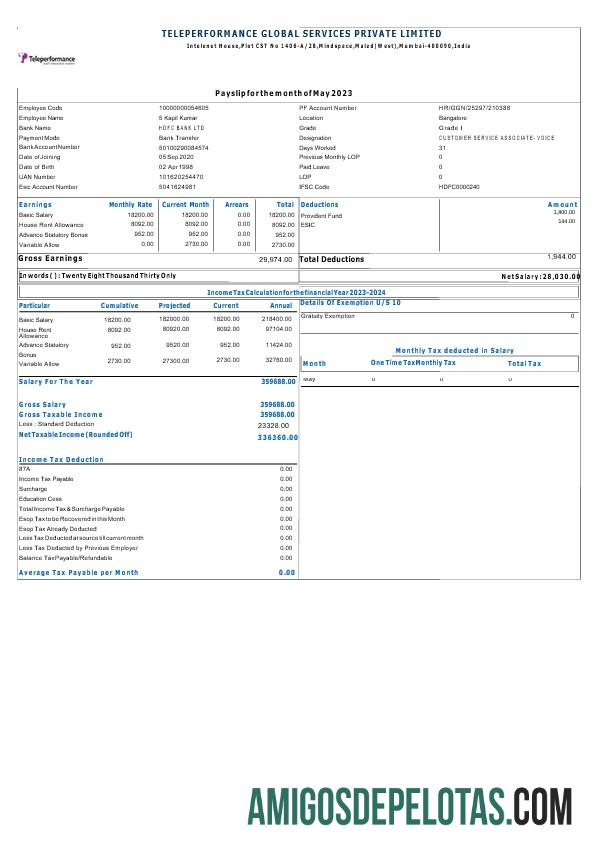 Teleperformance Global Services payslip makering