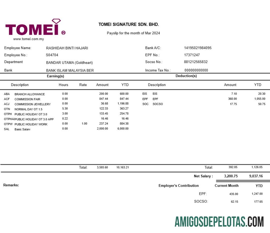 Profesional Tomei Tanda Tangan jewellery payslip templat in Word and PDF format.PDF, 1