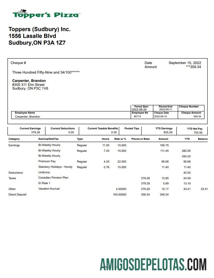 Topper's Pizza pay stub desain