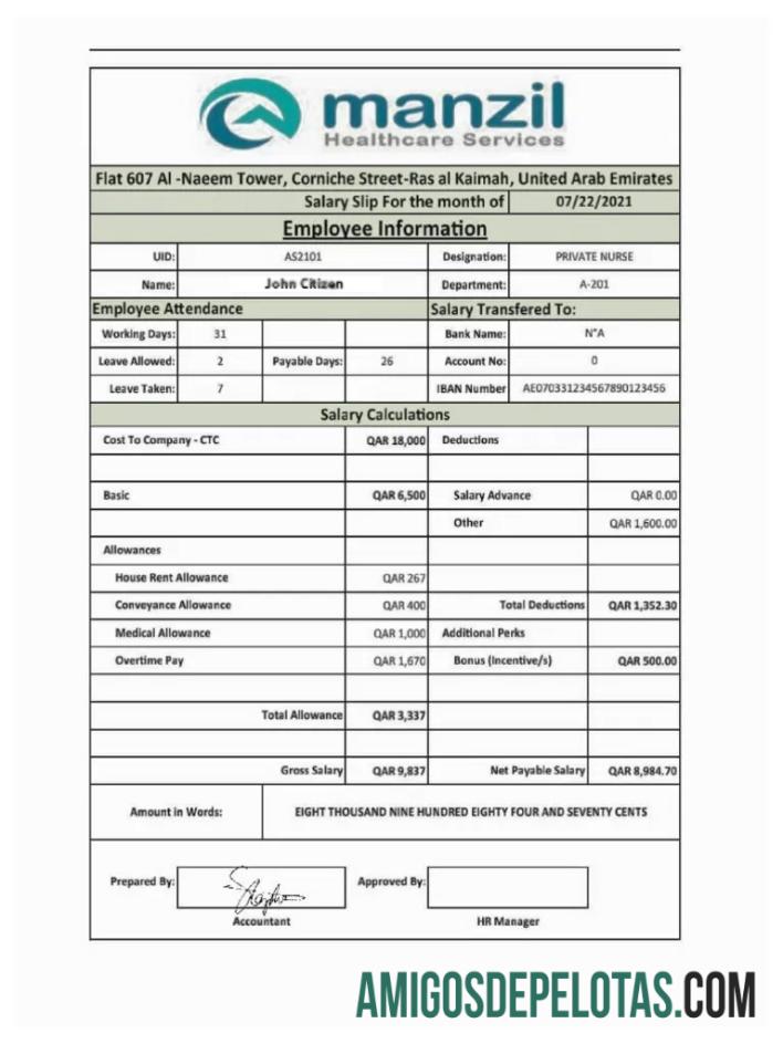 UEA MANZIL Healthcare Services salary slip in Word and PDF format makering