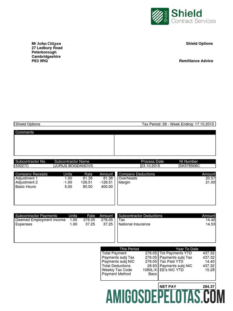Inggris Raya SHIELD Kontrak services payslip in Word and PDF format desain