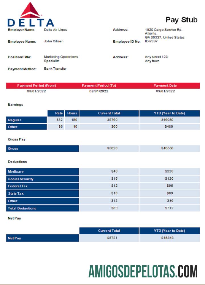 AS Delta Air Lines airlines Perusahaan pay stub makering
