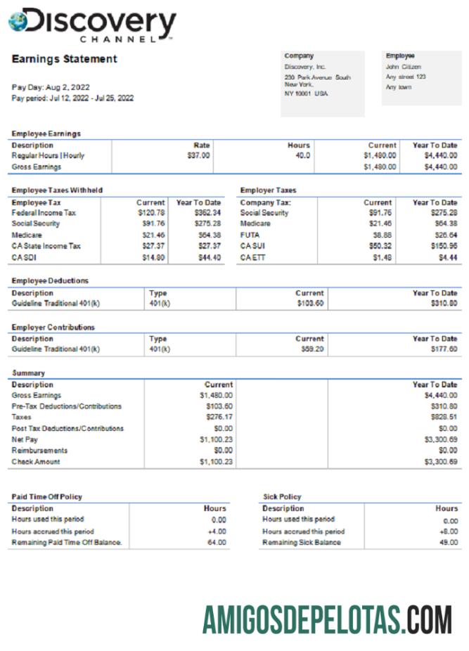 AS Discovery Inc. entertainment Perusahaan pay stub pratinjau