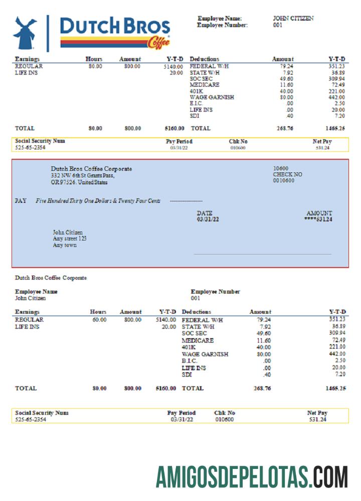 AS Dutch Bros Coffee Corporate coffeehouse Perusahaan pay stub sampel